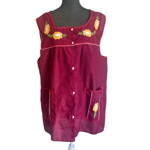 Vintage Burgundy Gingham Floral Embroidered Cobbler Apron Smock Button Front XL
